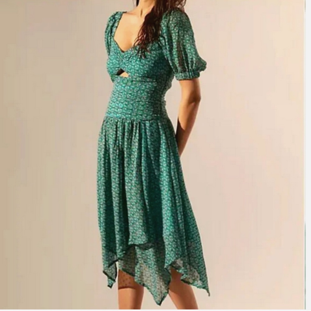 NEW Anthropologie SZ 14Floral Puff Sleeved Cut Out Midi Dress Green Handkerchief